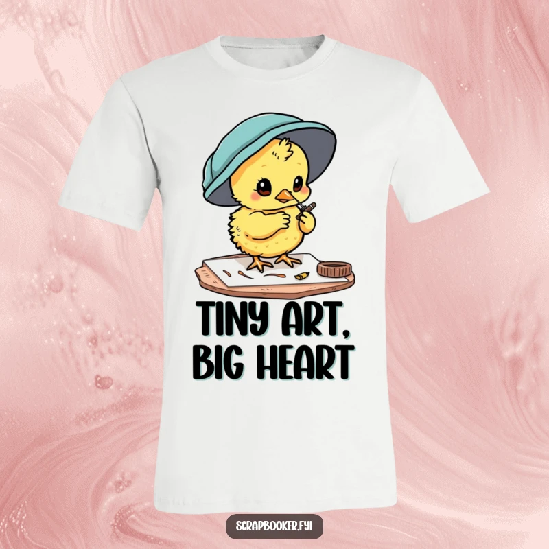 Funny chick t-shirt of a curious character painting details on a card, perfect for crafting apparel.