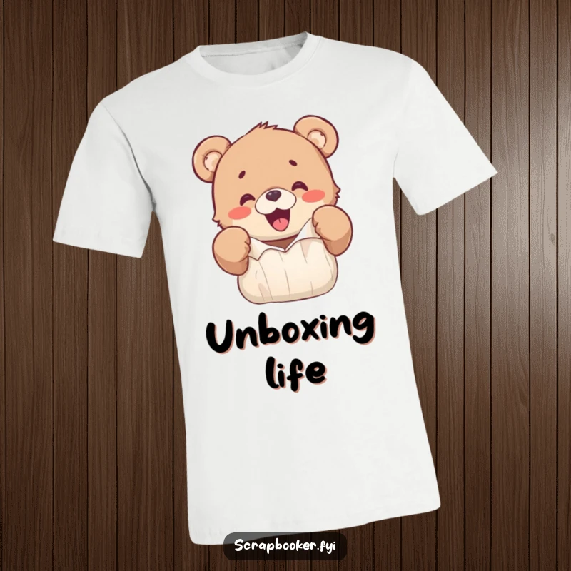 Funny t-shirt showing a happy bear cub excitedly ripping colorful paper with its paws, embodying pure fun.