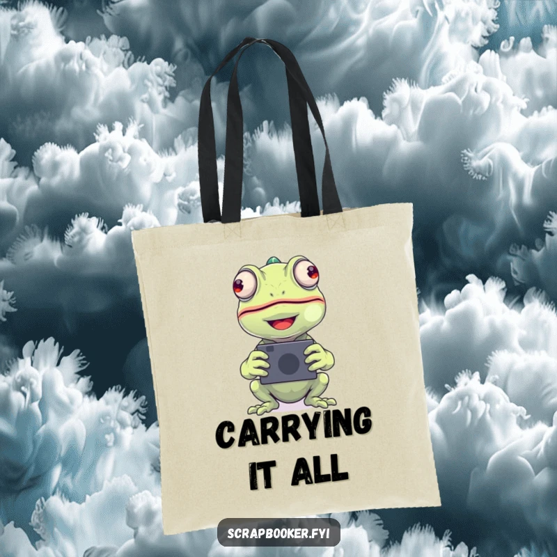 Funny chameleon tote bag featuring a beaming chameleon placing a photo, ideal for photographers and as a funny gift.