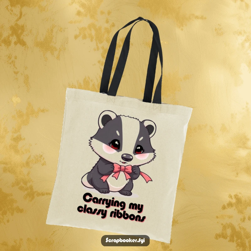 Funny tote bag with a determined badger crafting a ribbon accent, highlighting meticulous attention to detail.