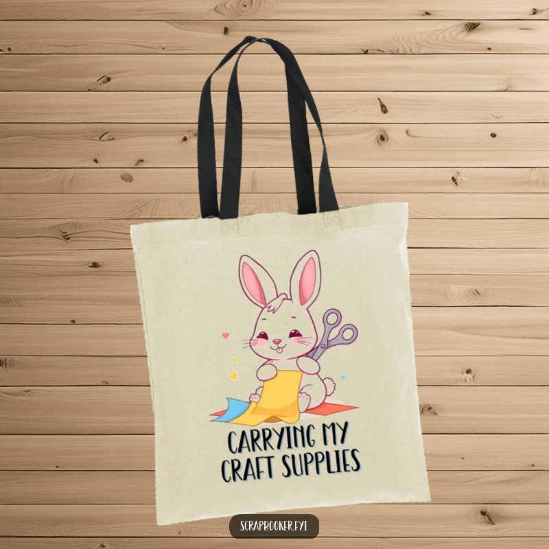 Funny tote bag featuring a happy rabbit diligently cutting colorful paper with scissors, ideal for carrying craft supplies with flair.