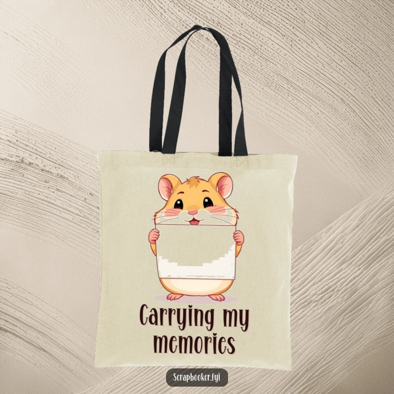 Funny proud hamster holding a finished scrapbook page, printed on a stylish and humorous tote bag.