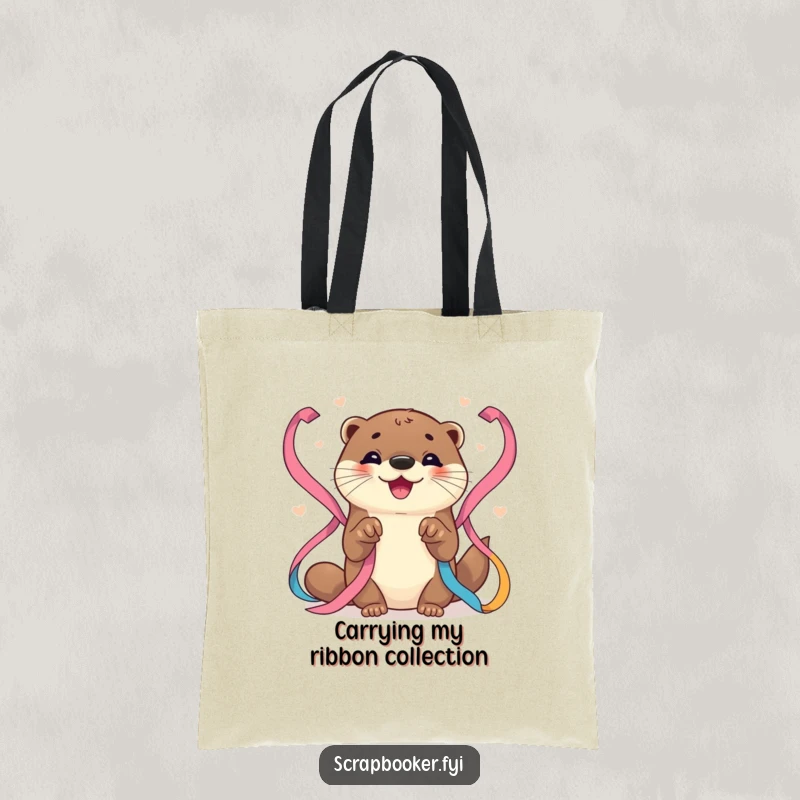 Funny Otter Tote Bag: Durable bag with a joyful otter artist carefully placing colorful ribbons, a charming and useful accessory.