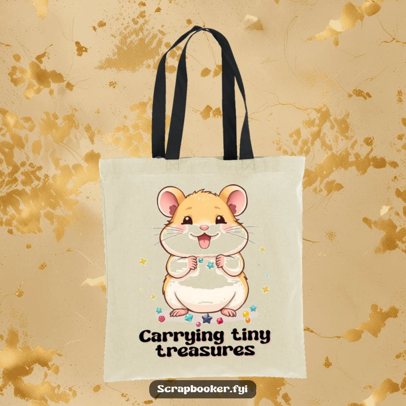 Funny Tote Bag: A happy hamster meticulously arranging shiny embellishments, ideal for carrying craft supplies with a dose of humor.