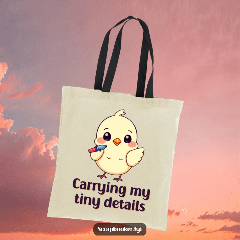 Funny tote bag with a tiny bird using a colorful pen to add details, perfect for art supplies.