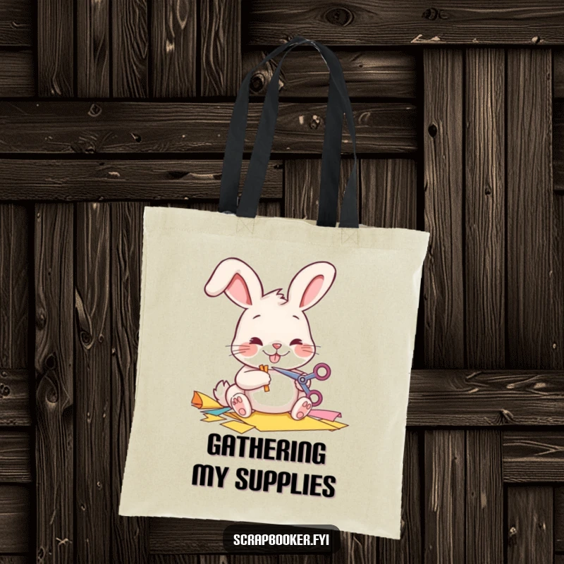 Funny Tote Bag showcasing a cheerful bunny cutting colorful paper with tiny scissors, perfect for crafters.