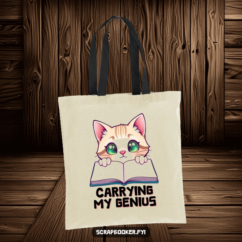 Funny Cat Tote Bag: A curious cat peeking with satisfied, wide eyes at a completed page, ideal for carrying books with style.