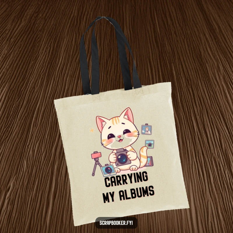 Funny Tote Bag showcasing a happy, focused cat organizing photographs, perfect for memory keepers.
