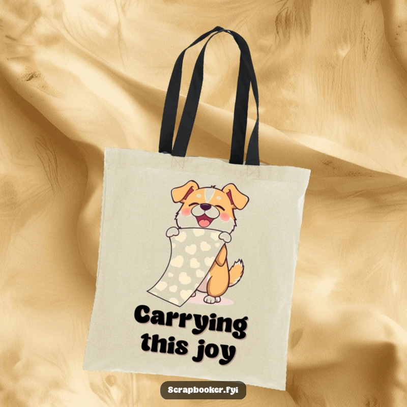 Funny tote bag with a joyful dog enthusiastically unfurling a long, patterned paper scroll with a grand flourish.