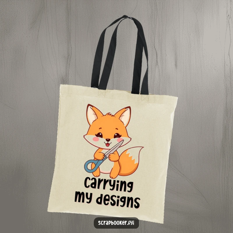 Funny Fox Tote Bag: A cheerful fox uses decorative scissors to cut a shape, making it an ideal accessory for crafters.