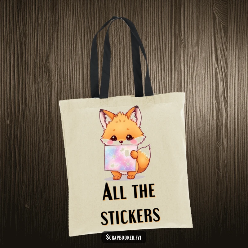 Funny tote bag with a fluffy fox cub holding a giant sparkly sticker sheet, embodying childlike joy.