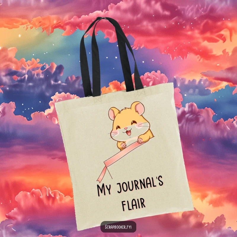 Funny tote bag with a happy hamster carefully taping a ribbon along a page edge, great for crafters.