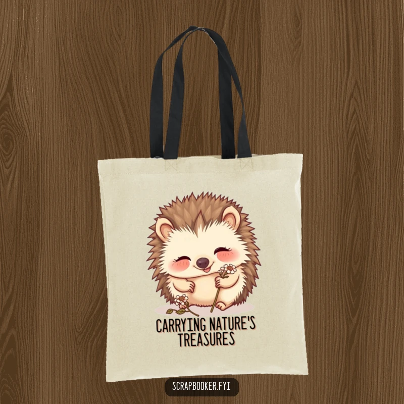 Funny hedgehog tote bag with a giggling critter carefully placing a tiny dried flower, perfect for carrying art supplies.