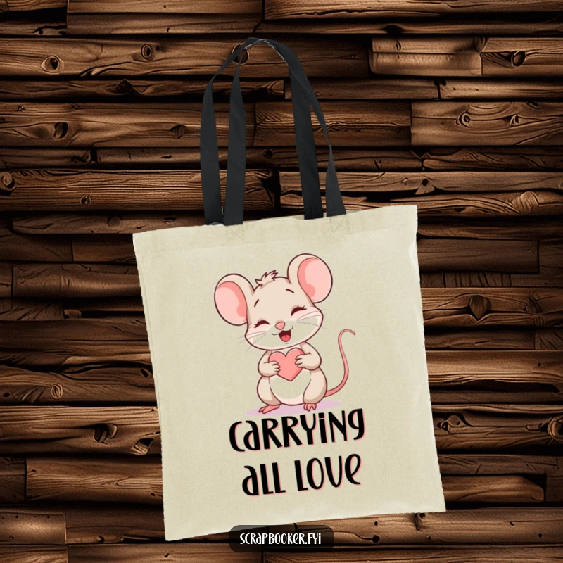 Funny Mouse Tote Bag: A giggling mouse drawing a heart, perfect for carrying art supplies with a humorous and cute touch.