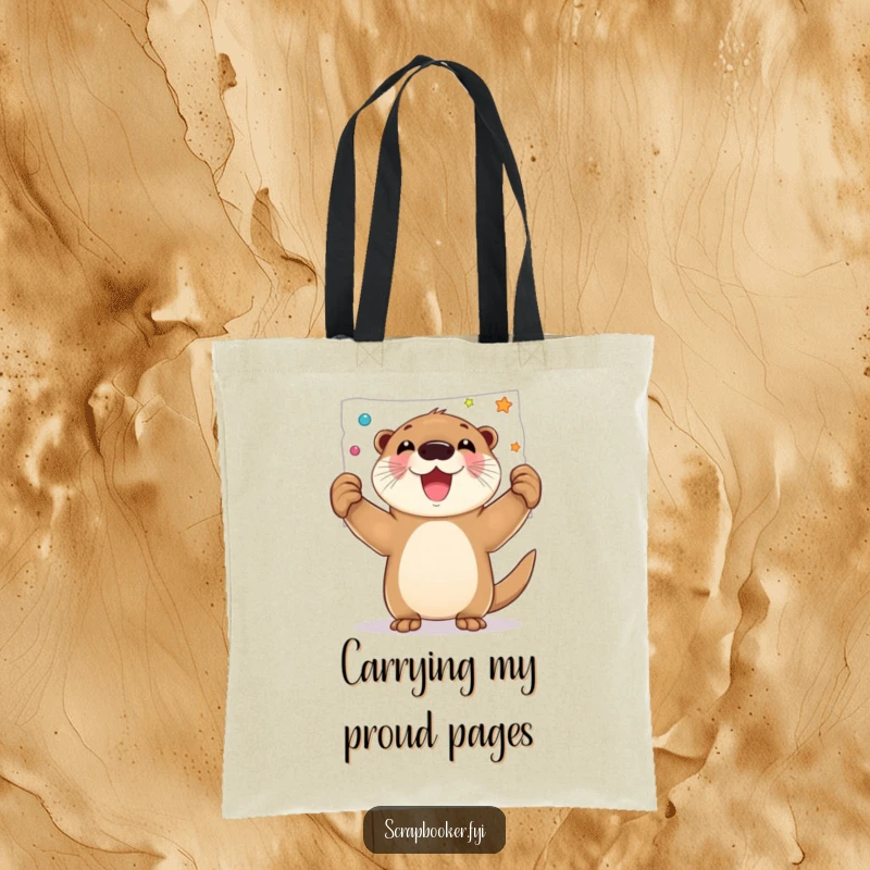 Funny tote bag with a joyful otter proudly displaying a finished decorated page, great for art supplies.