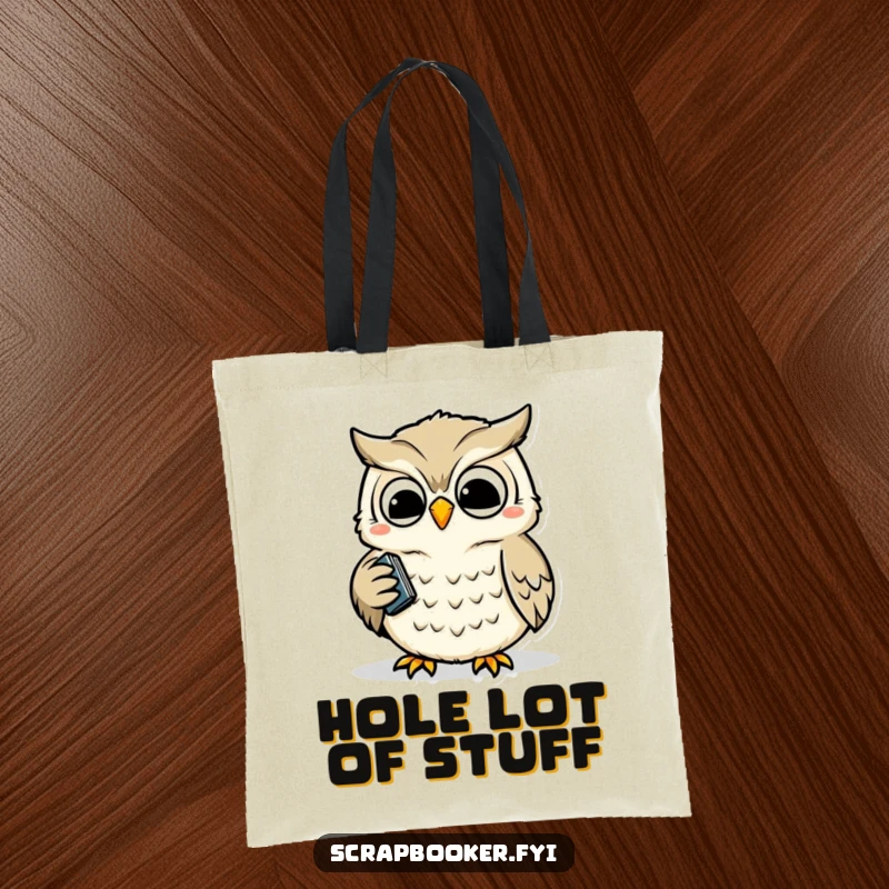 Funny tote bag showcasing a wise owl precisely and happily using a hole punch, symbolizing organized and cheerful tasks.