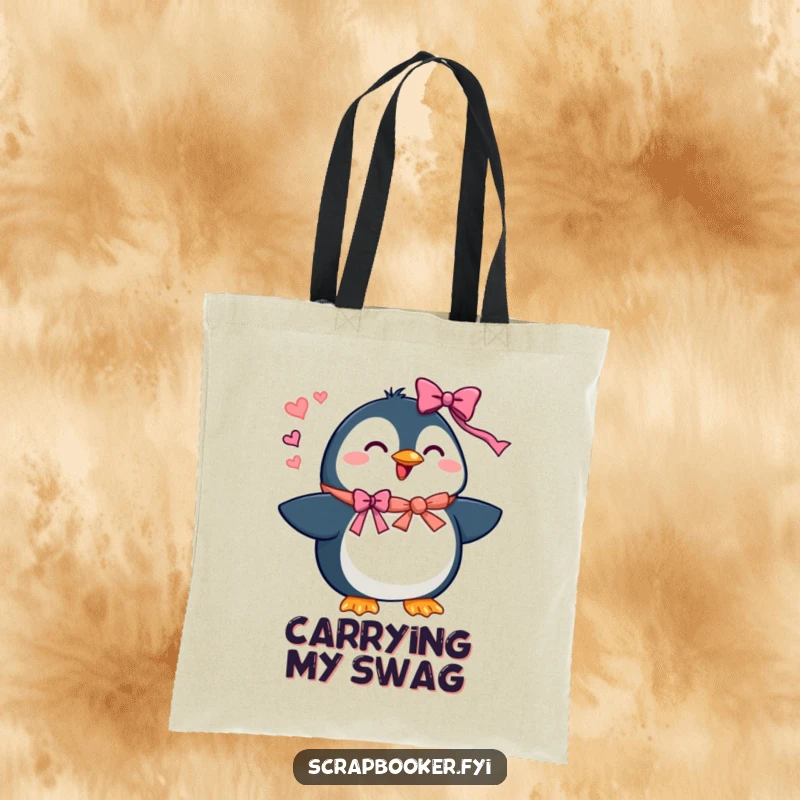 Funny penguin tote bag of a beaming character adding ribbons and bows, perfect for festive carrying.