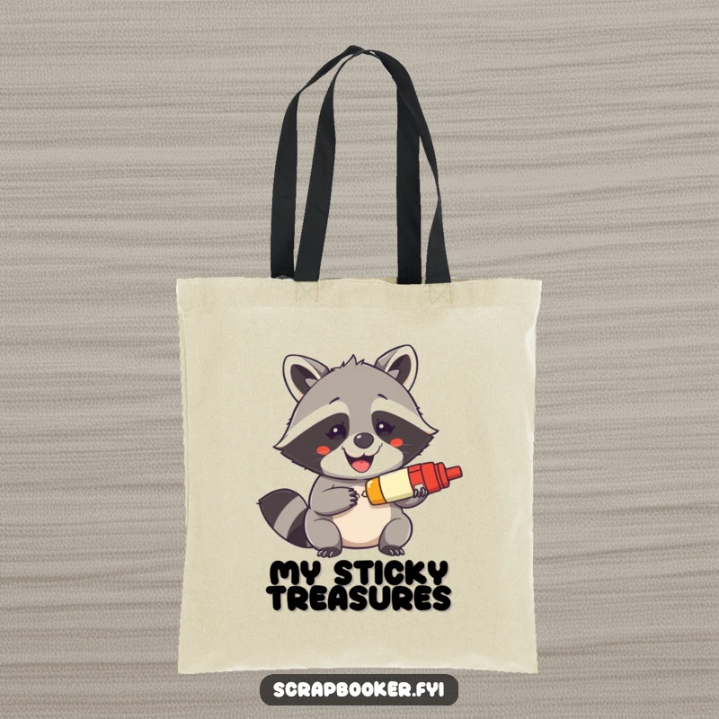 Funny tote bag with a mischievous raccoon grinning while holding a glue stick, perfect for carrying craft supplies humorously.