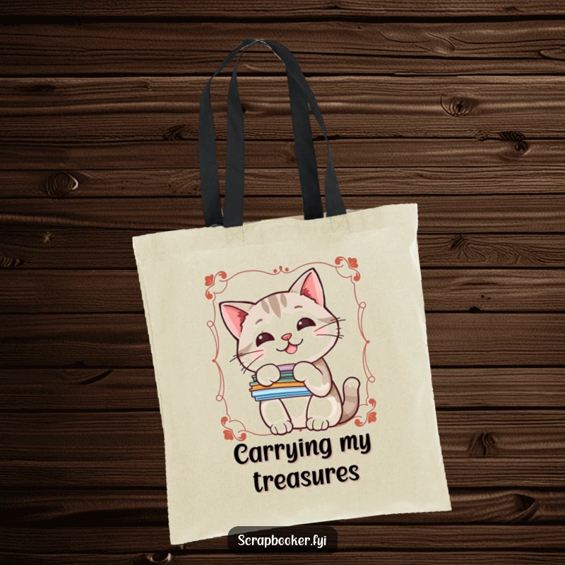 Funny tote bag featuring a cheerful cat peeking out behind a border with a stack of stickers, great for shopping.