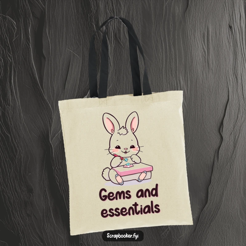 Funny Bunny Tote Bag: A playful bunny is busy gluing a sparkling gem onto a project, ready for craft adventures.