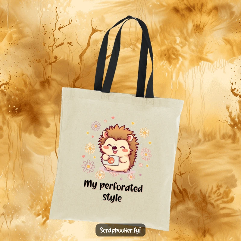 Funny tote bag with a joyful hedgehog using a hole punch to create decorative patterns, great for crafters.
